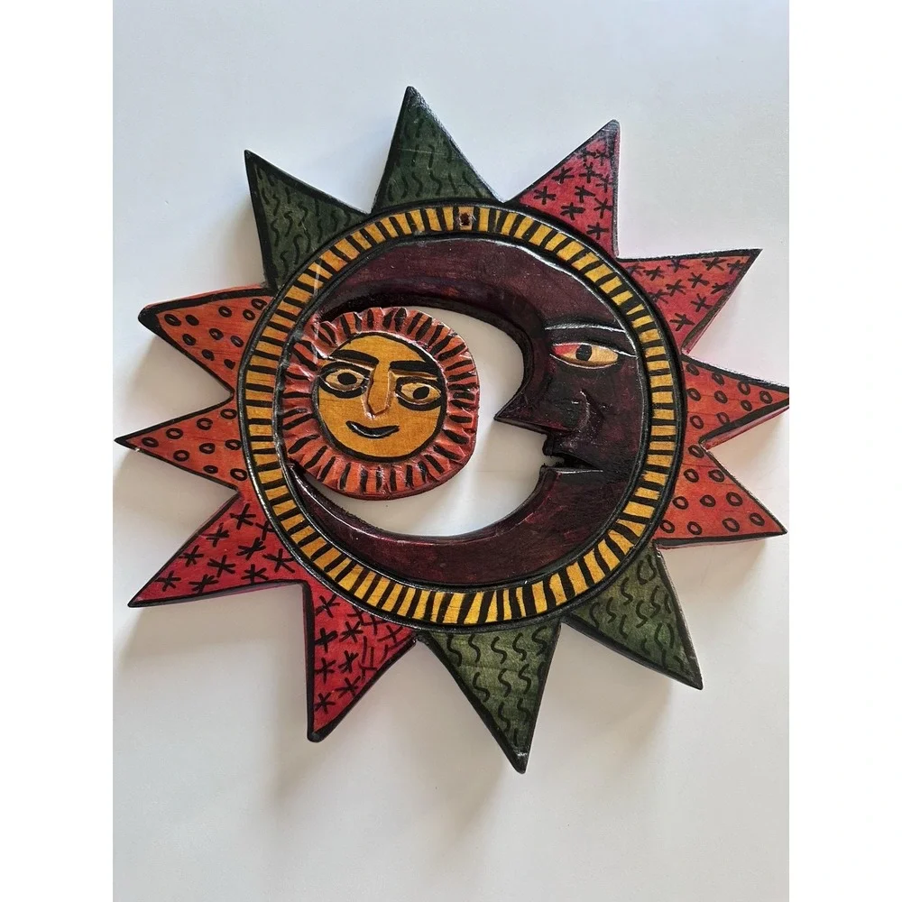 Hand Carved Celestial Sun Moon Wall Hanging Mexican Wood Folk Art Southwest Boho